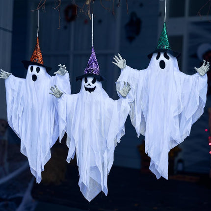 JOYIN 3 Pack 24.8" Hanging Ghost Decorations, Halloween White Ghost with Hats for Haunted House Graveyard Scene, Spooky Indoor and Outdoor Decor