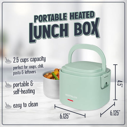 Nostalgia Portable 20-Ounce Electric Heated Lunch Box � Travel Size 2.5 Cup Capacity for Soup, Chili, and Leftovers � Leak Proof Silicone Sealed Lid, Foldable Carry Handle, Detachable Cord � Sage