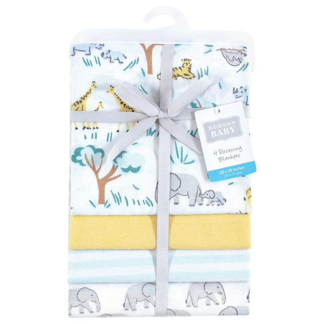 Hudson Baby Unisex Baby Cotton Rich Flannel Receiving Blankets 4-Pack, Safari Friends, One Size