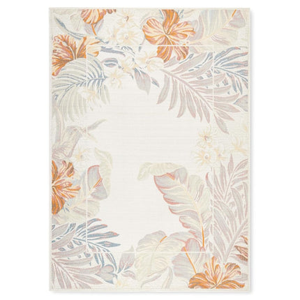 Tommy Bahama Alfombra de Interior/Exterior Bimini Blooming Border, Diseño Tropical de Hojas, Resistente a la Decoloración UV, Marfil/Azul/Coral, 5'2"x7'2"