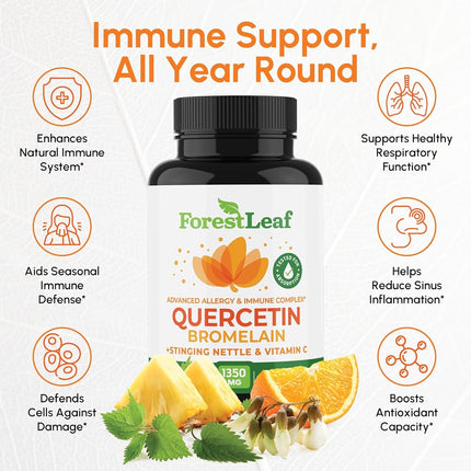 Quercetin 500mg with Bromelain, Vitamin C and Stinging Nettle – Advanced Sinus and Allergy Supplement – Natural Vegetable Capsules – Non GMO, Dairy, Gluten, Egg and Nut Free - by ForestLeaf (180)