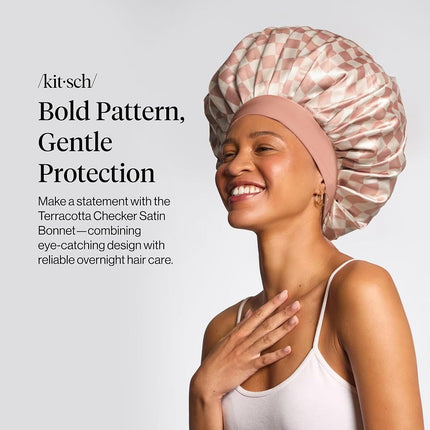 Kitsch XL Satin Bonnet for Sleeping, Softer Than Silk - Terracotta Checker