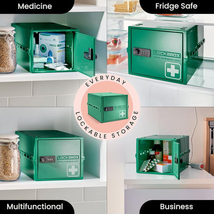 Lockabox One™ - Premium Lockable Medicine Box with Combination Lock, Secure Storage for Medication & Tablets, Fridge Safe, Made in Britain, 31 x 21 x 17 cm (Medi Green)