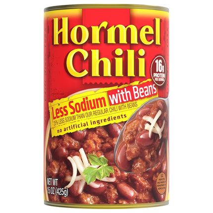 HORMEL Chili con Frijoles, bajo en sodio, (paquete de 12), chile enlatado de 15 oz, – 16g de proteína por porción, sin gluten - Ideal para tazones, aderezos, hot dogs y aperitivos