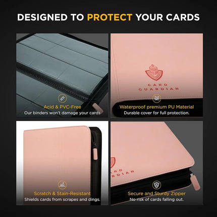 Card Guardian - Premium 9 Pocket Zipper Binder for 360 Cards - Side Pockets for TCG Trading Card Games (Pink)