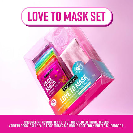 Freeman Facial Love To Mask Lot découverte : Masque à l'argile absorbant l'huile, Charbon détoxifiant, Masque Peel Off purifiant, Masque-crème gel hydratant, Gommage exfoliant (Kit de 14 pièces avec accessoire tampon et bandeau bonus)