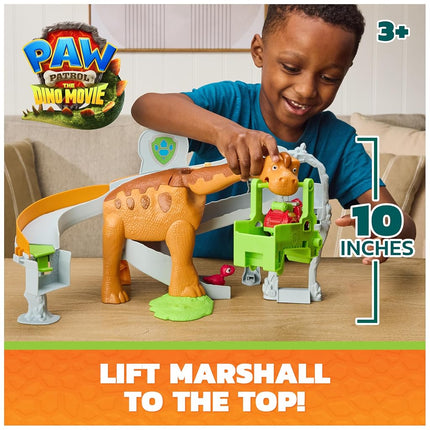Paw Patrol: The Dino Movie, Lift and Race Dino Playset with 25,4 cm Brachiosaurus, Marshall Pup Squad Racer and Rhubarb Action Figure, Fun Preschool Toys for Girls and Boys Ages 3+