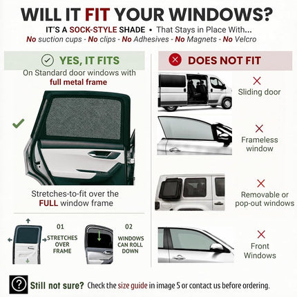 XL/Car Side Window Shades for SUV. 8 Sizes/2 Pack. Stretch-to-Fit Mesh for Rear Windows Up to H:20" x W:46". Sun, Heat & Bugs Protection, Blocks 96% UVA. Camping Windows Screens | Qualizzi®