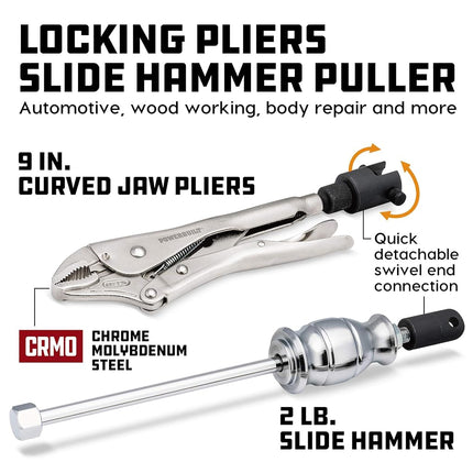 Powerbuilt Slide Hammer Locking Pliers Set, 9 inch Locking Pliers, Sturdy 2 Pound Slide Hammer with a Quick Release Swiveling Coupler, Quick Connect Flex Joint Connection - 645044