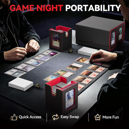Card Deck Box for MTG with Commander Display, 5 in 1 Card Storage Box Fits 400+ Double-sleeved Cards, Removable Deck Case for TCG/Sports Cards with Dice Tray, 4 Magnetic Card Holders (Black Red)