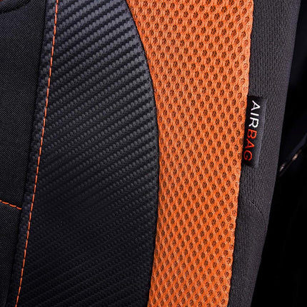 Flying Banner car seat Covers Quality Carbon Fiber Air Mesh Fabric Sport Low High Back Bucket Back Pocket Arm Rest (2 Fronts - Low Bucket, Orange)
