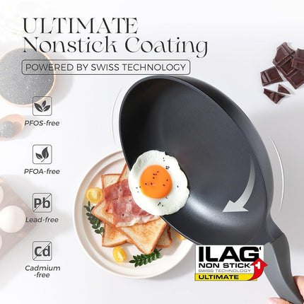 PRICUSIS Juego de ollas y sartenes antiadherentes, 9 piezas de utensilios de cocina de cerámica antiadherente no tóxica, sartén saludable para tortillas/huevos, sartén saludable, libre de PTFE, PFOA y PFAS, compatible con inducción, gris