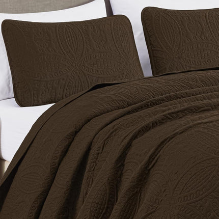 Chezmoi Collection Austin 3-Piece Oversized Bedspread Coverlet Set (Queen, Chocolate), Polyester