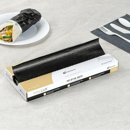 Foil Lux 12 x 10.8 Inch Pop-Up Foil Sheets, 100 Disposable Foil Papers for Food - Orange Peel Embossing, Interfolded, Black Aluminum Foil Sheets, Greaseproof, Freezable, Oven Ready - Restaurantware