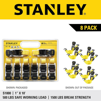 Stanley S1000 Black/Yellow 1" x 10' Ratchet Tie Down Straps - Light Cargo Hauling (1,500 lbs Break Strength), 8 Pack