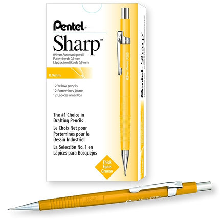 Pentel Sharp Mechanical Pencil, 0.9mm Lead Size, Yellow Barrel, Box of 12 Pencils (P209G)