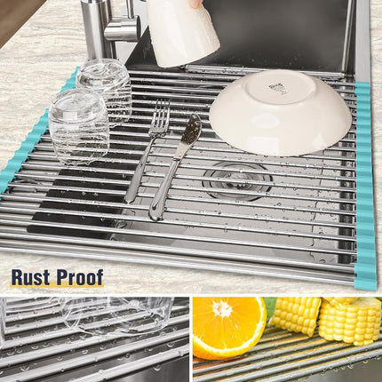 Tomorotec 21" x 15.5" Roll Up Dish Drying Rack Over Sink Drying Rack Sink Cover Kitchen Sink Accessories Gadget Multipurpose Organizer Foldable Stainless Steel Drainer