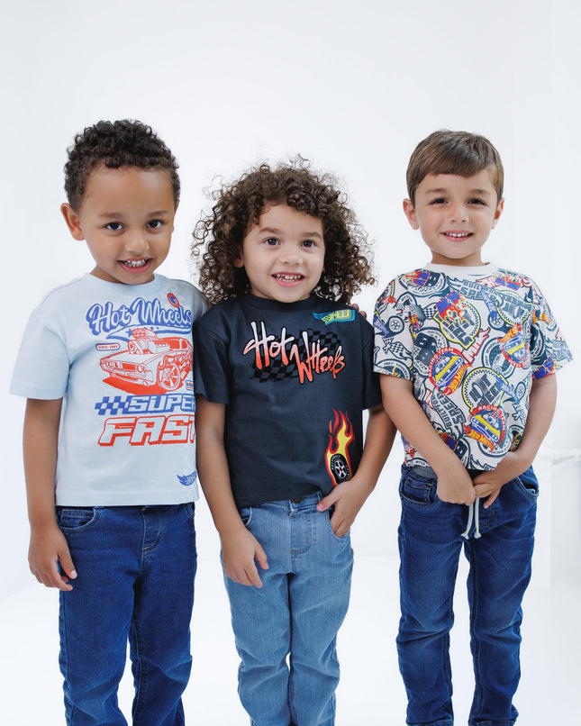 Hot Wheels Niños pequeños 3 Paquete Camisetas Negro/Azul claro 3T