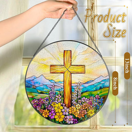 8 Inch Cross Wildflower Stained Glass Suncatcher, Christian Stained Glass Window Hanging, Religious Cross Sun Catcher, Easter Suncatcher Decor, Religious Gifts, Christian Gifts, Easter Gift
