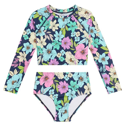 Kanu Surf Girls' Long Sleeve Rash Guard UPF 50 2-Piece Swim Set, Tina Navy, 3