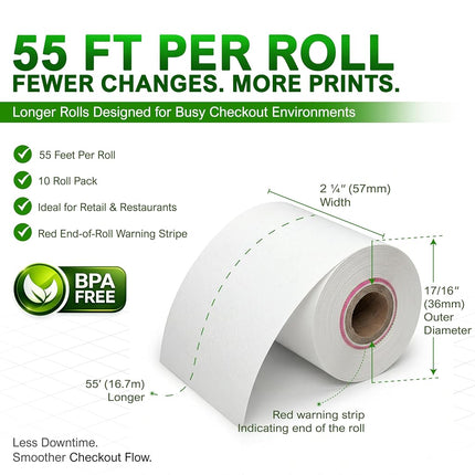 Rouleau de papier thermique Vonlyst pour reçus Clover Flex 2 1/4 x 55 (10 rouleaux)