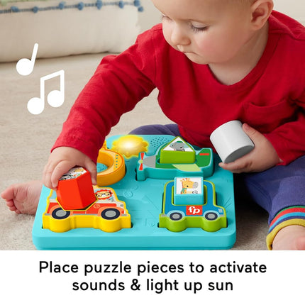 Fisher-Price Baby Sorting Toy Shapes & Sounds Vehicle Puzzle with Music & Lights for Fine Motor Play, Ages 9M+, HRP31