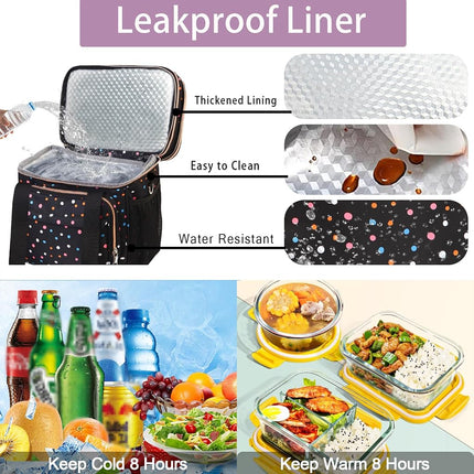 GLENKEY Expandable Lightweight Insulated Lunch Box for Women, Double Deck Large Lunch Bag Leakproof Soft Cooler Bags for Adults Work Office Flight Beach Travel, Polka Dots, 16L