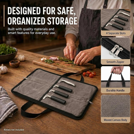 QEES Knife Roll,Heavy Duty Knife Bag,Waxed Canvas knife Case with 4 Slots For Knives & Kitchen Tools,Chef Knife Bag With Handle.Portable Knife Roll Bag For Chefs Culinary Traveling.Knives Pouch