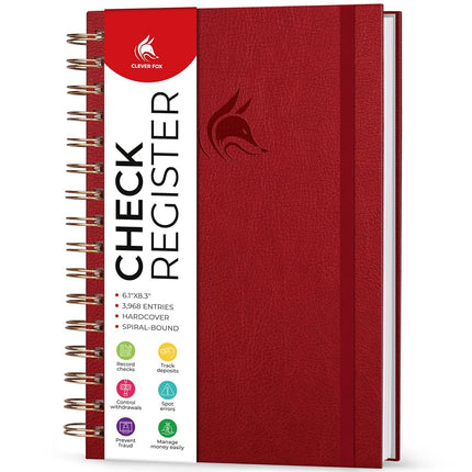 Clever Fox Check Register for Personal Checkbook – Checking Book Register – Checkbook Register – Accounting Ledger Book – 3968 Entry Lines, 6.1" x 8.3", Spiral Binding, Hardcover, Red