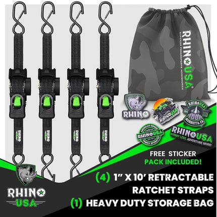Bridas de trinquete retráctiles (paquete de 4) 540 kg de resistencia máxima garantizada, incluye (4) bridas retráctiles automáticas Ultimate de 2,5 cm x 3 m con mangos acolchados, negras