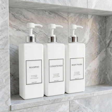 HARRA HOME Modern Gold Design Pump Bottle Set 27 oz Refillable Shampoo and Conditioner Dispenser Empty Shower Plastic Bottles with Pump for Bathroom Lotion Body wash, Pack of 3 (White & Silver)