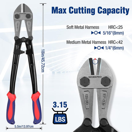 WORKPRO Bolt Cutter, Bi-Material Handle with Soft Rubber Grip, 18", Chrome Molybdenum Steel Blade, W017005A