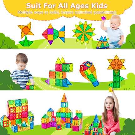 cossy 120PCS Magnetic Tiles, 3D Magnetic Building Blocks with 2 Car Bases, STEM Magnet Toys for Kids, Building Construction Toy, Learning Educational Construction Toys for 3+ Year Boys & Girls