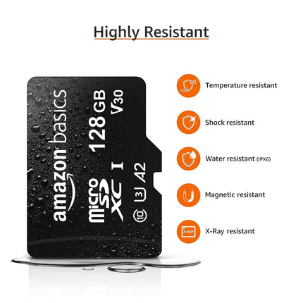 Amazon Basics microSDXC Memory Card with Full Size Adapter, A2, U3, Read Speed up to 100 MB/s, 128GB, Black