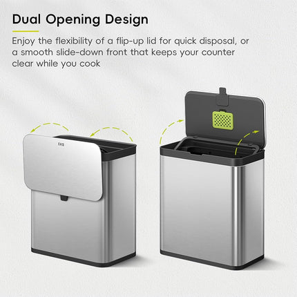 EKO Stainless Steel Kitchen Food Waste Compost Bin with Removable Inner Bucket and Deodorizer Compartment, 7L / 1.85 Gal Wall-Mounted Kitchen Trash Can with Swing Lid (Stainless & Black)