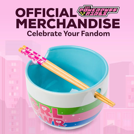 Silver Buffalo The Powerpuff Girls Girl Power Featuring Blossom, Bubbles, and Buttercup Ceramic Ramen Noodle Rice Bowl with Chopsticks, Microwave Safe, 20 Ounces