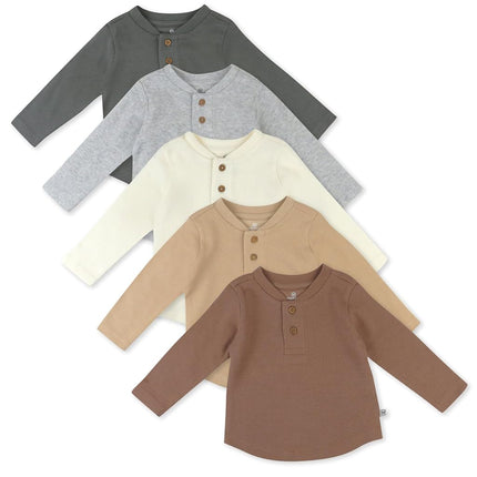 HonestBaby 5-pack Waffle Henley Long Sleeve Shirts 100% Organic Cotton for Infant Baby and Toddler Boys, Unisex, Sandstorm, 0-3 Months