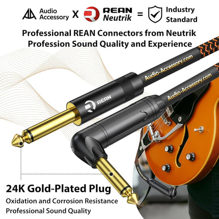 Pro Bass Guitar Cable 10 ft, Gold-Plated Neutrik REAN Connector, 18 AWG OFC, Braided 1/4 Inch Instrument Cable for Fender Electric Bass Guitar Combo Amp Rumble Marshall, Right Angle, Neon Orange/Black