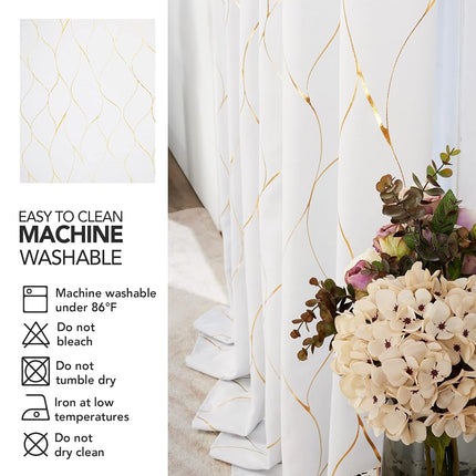 Deconovo Gold Wave Print Blackout Curtains for Bedroom, Thermal Insulated Curtains for Living Room, Room Darkening Drapes (Pure White/Wave, 52x96 Inch, 2 Panels)