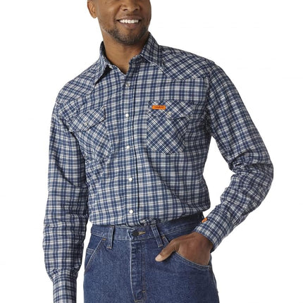 Wrangler Riggs Workwear Homme FR123Chemise à manches longues style Western ignifuge à deux poches boutonnée à col étalé à motifs et à manches longues Chemise de travail utilitaire boutonnée - Bleu - Grand et Tall