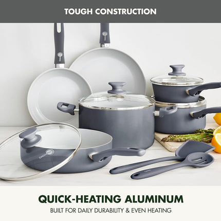 GreenPan Dover Batterie de cuisine saine en céramique antiadhésive, 12 pièces, sans PFAS, compatible lave-vaisselle, poignée confortable, gris