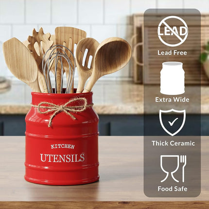 Barnyard Designs Ceramic Farmhouse Utensil Holder for Kitchen Counter, Large Rustic Utensil Crock, Countertop Cooking Tool Spatula Organizer, 6.75”, Red
