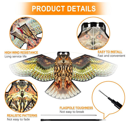 Flerigh Bird Scarer Kite with 13ft Pole Bird Hawk Flying Kite-Owl Kite