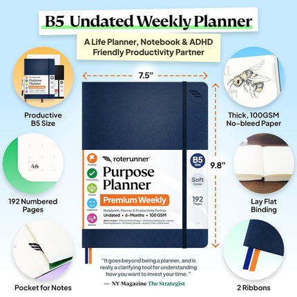 Purpose Planner Undated Monthly Weekly Daily Productivity Journal 2019-2020 - Optimized Life, Goal Setting & Business Tool for Academic Student, Professionals, Moms - Leather Day Organizer Notebook