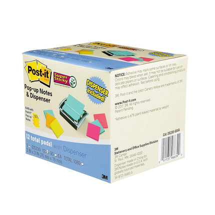 Post-it Sheet Super Sticky Note and Dispenser Value Pack, 3 in x 3 in, 12 Pads, Assorted Colors (DS330-SSVA)