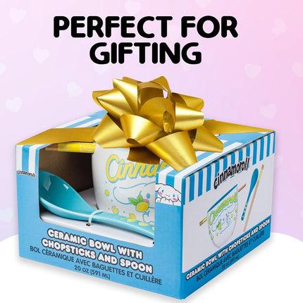 Silver Buffalo Sanrio Cinnamorll Holding Lemon Boxed Ceramic Ramen Bowl with Chopsticks and Spoon 20 Ounces