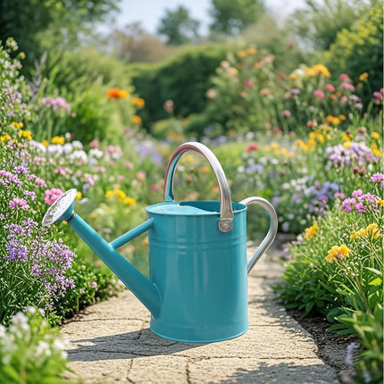 SunnyTong Metal Watering Can for Outdoor and Indoor Plants, Watering Can Decor, 1 Gallon (Leaf-Green)