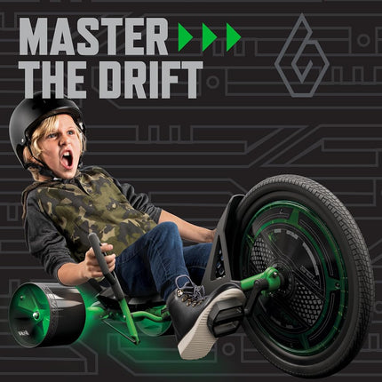 Huffy Green Machine 20 Inch Drift Trike, Sleek Ergonomic Design, Adjustable Seat, Durable Steel Frame, Easy to Operate, Drift Trike for Kids Ages 8+, LED Light Accents, Coaster Brake, Green and Black