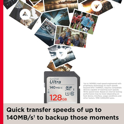 SANDISK Ultra SDXC card, 128GB SD Card (Memory card up to 140 MB/s read speeds, For entry level and mid-range compact camera's, Full HD Video, UHS-I, Class 10, U1)