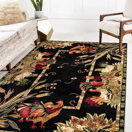Alfombra de área negra Unique Loom Barnyard Collection French Country Cottage Roosters (2,7 m x 3,6 m)